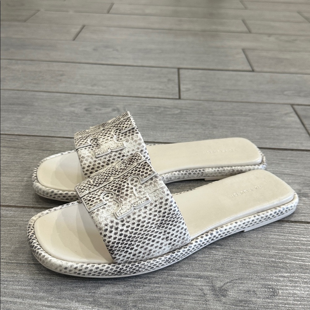 Tory Burch Double T Leather Snake Embossed Smoke Roccia Slides - Picture 4 of 9